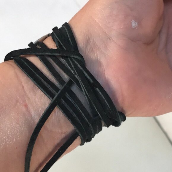 Rustic Skull Biker Wrap Bracelet Solid Sterling Silver 925 Cuff Genuine Suede - Picture 4 of 8